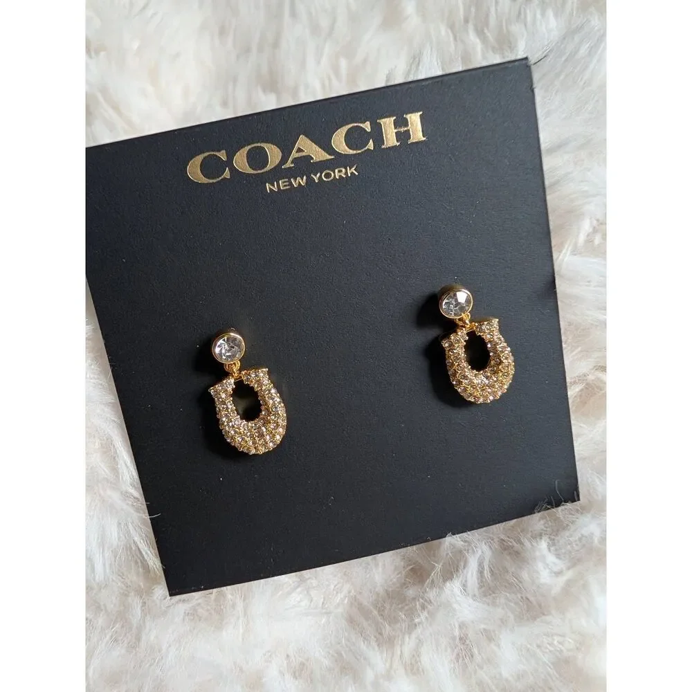COACH Signature Gold Pave C Stud Dangle Earrings